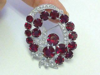 Vintage Eisenberg Ice Red & Clear Rhinestone Floral Wreath Pin Brooch Signed