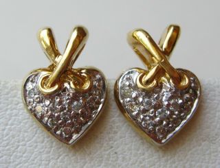 Fine Vintage 10k Gold Diamond Heart Pierced Stud Earrings