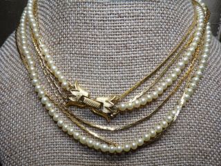 Vintage Crown Trifari Signed Gold And Pearl Necklace 3 Strands With Tulip Clasp