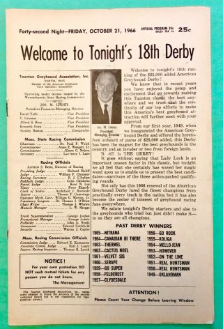 Vintage 1966 Taunton Greyhound Program - 18th Derby " Golden In "