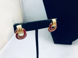 Vtg.  Crown Trifari Red Enamel & Gold Tone Rings Pierced Earrings