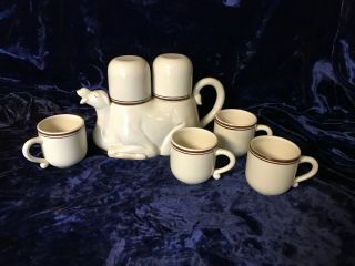Vintage 1978 Fitz & Floyd Pottery Camel Teapot With 2 Cups On Hump 4 Extra Cups