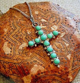 Vintage 925 Sterling Mexico & Turquoise Cross Pendant Necklace,  Signed Eab?