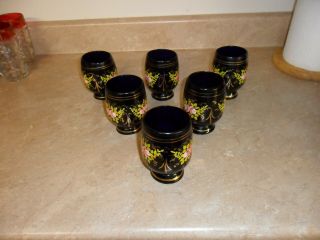 Vintage Bohemian cobalt blue glasses,  set of six,  hand painted gold with floral 2