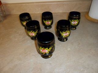 Vintage Bohemian cobalt blue glasses,  set of six,  hand painted gold with floral 3