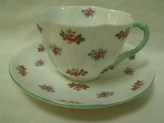 Vintage Shelley Dainty Rosebud Tea Cup & Saucer Pink And Green Floral England