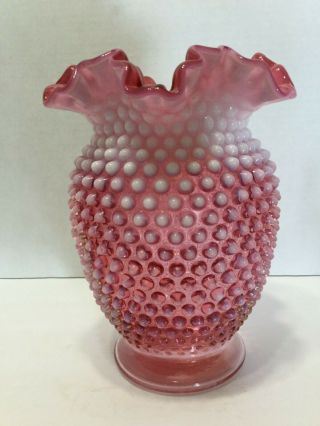 Vintage Fenton Vase Cranberry Hobnail Opalescent 8 " Vase