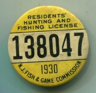 1930 Vintage Jersey Residents Hunting & Fishing License Badge Pin