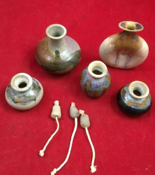 5 Vintage Pottery Glazed Vases Dripped Handmade W/ 3 Oil Wicks Earth Tones
