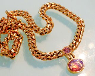 Vtg 80s Givenchy Rich Gold Glass Fire Opal Cabochon Pendant 16 " Choker Necklace