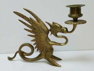 Vintage Solid Brass Winged Mythical Griffin/dragon Candle Holder Drip Guard Euc