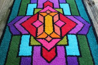 Vintage Mid Century Mod Colorful Stained Glass Latch Hook Rug Wall Hanging