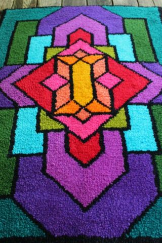 Vintage Mid Century MOD Colorful Stained Glass Latch Hook Rug Wall Hanging 2