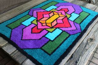 Vintage Mid Century MOD Colorful Stained Glass Latch Hook Rug Wall Hanging 3