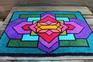 Vintage Mid Century MOD Colorful Stained Glass Latch Hook Rug Wall Hanging 4