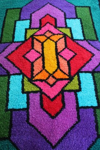 Vintage Mid Century MOD Colorful Stained Glass Latch Hook Rug Wall Hanging 6