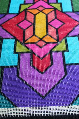 Vintage Mid Century MOD Colorful Stained Glass Latch Hook Rug Wall Hanging 7