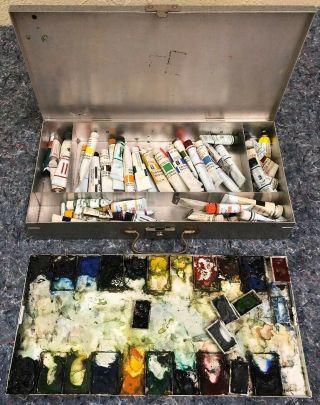 Vintage Watercolor Paint Box With 55 Paint Tubes - Grumbacher - Cotman