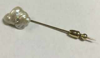 Vintage 14k Yellow Gold Baroque Pearl Stick Pin W/ Diamond