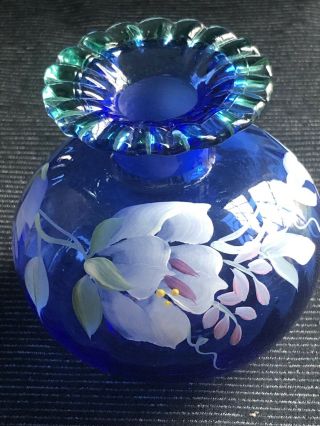 Vintage Fenton Art Glass Stacey Williams Signed Miniature Blue Green Rim Vase