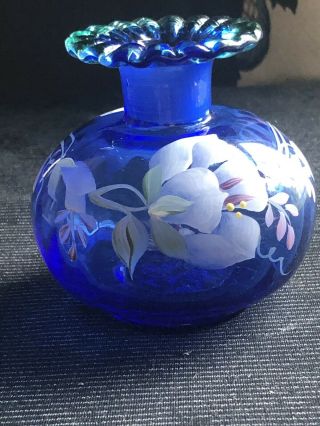 Vintage Fenton Art Glass Stacey Williams Signed Miniature Blue Green Rim Vase 5
