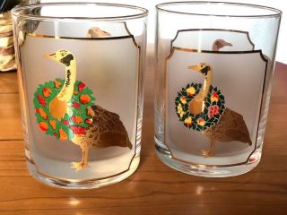 Vintage 2 Culver 10 Ounce Cocktail Bar Glasses Holiday Christmas Goose 22k Gold