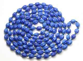 Vintage Long Hand Knotted Czech Molded Cobalt Lapis Glass Melon Bead Necklace