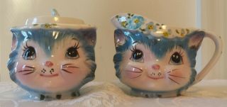 Vintage Miss Priss Sugar Bowl W/ Lid & Creamer Blue Kitty Cat Lefton Japan 1508