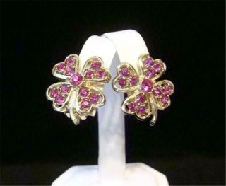 Vintage 1964 Sarah Coventry Pink Ice Rhinestone Shamrock Clover Leaf Earrings