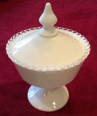 Vintage Fenton Glass Silver Crest White Milk Clear Glass Candy Dish Bowl,  Lid