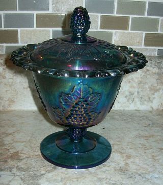 Vintage Indiana Blue Carnival Glass Compote Candy Dish Harvest Grapes Iridescent