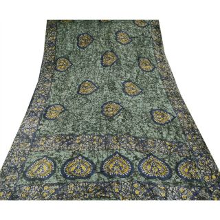 Sanskriti Vintage Green Saree Pure Silk Batik Work Craft 5 Yd Soft Fabric Sari 4