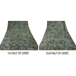 Sanskriti Vintage Green Saree Pure Silk Batik Work Craft 5 Yd Soft Fabric Sari 7