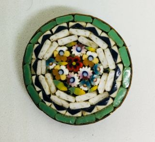 Vintage 1960’s Micro Mosaic Floral Pin Made In Italy Round Green