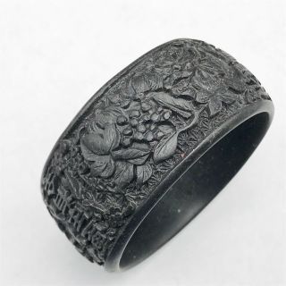 Vintage Ladies Chinese Carved Black Wood Ebony Wide Cuff Bracelet Bangle