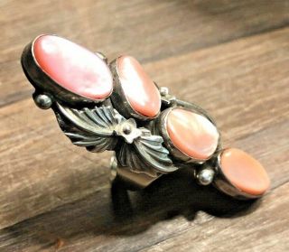 Vintage Sterling Silver Hand Crafted Ring With Pink Mother Of Pearl,  Size 6.  5