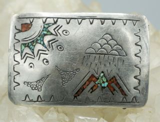 Vintage Navajo Sterling Silver Inlaid Turquoise & Coral Belt Buckle 379
