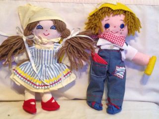 Set 2 Vintage Handmade Rag Cloth Dolls Doll Boy Girl Farmer Overalls Dress 12 "