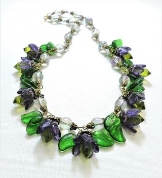 Vintage Purple And Green Flowers Lampwork Art Glass Bead Necklace Jn1948