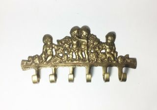 Vintage Solid Brass Cherubs Key Rack Holder Wall Hook Ornate Figural Home Decor