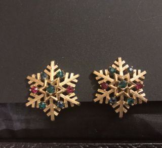 Vintage Crown Trifari Gold Tone Red,  Blue,  Green Rhinestones Snowflake Earrrings