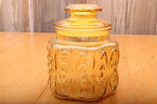 L E Smith Glass Canister Imperial Atterbury Scroll Harvest Gold Amber Vintage