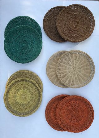 Vtg Wicker Rattan Paper Plate Holders 10 Picnic Bbq Camping Colors Basket Decor