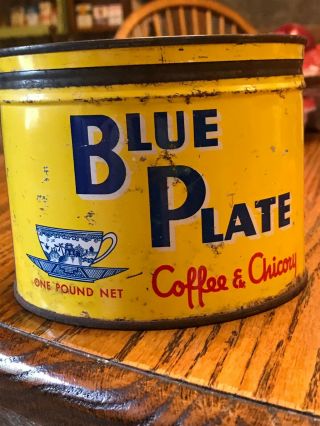 Vintage Blue Plate 1 Lb Coffee And Chicory Tin With Lid