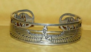 Vtg " 925 " Sterling Silver Egyptian Revival Winged Goddess Cuff Bracelet 45.  0g