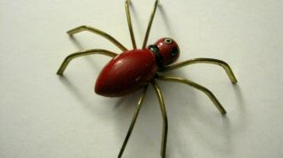 Vintage Red,  Black Hand Painted Wood Gold Tone Leg Large Spider Brooch/pin Hat