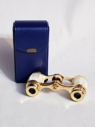 Vintage Tasco Opera Glasses Mother Of Pearl & Gold 2.  5x Binoculars With Case