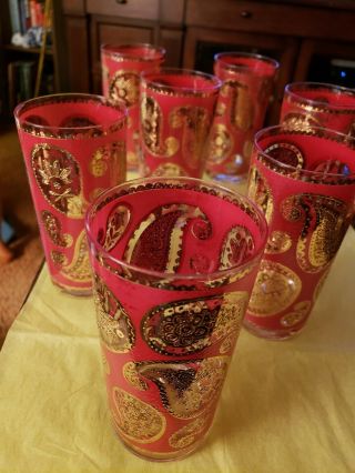 Vintage Mid Century 1960 Culver Red Paisley 22k Highball/tumbler Red Paisley