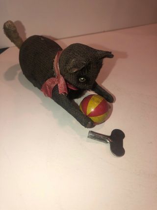 Vintage Black Cat With Ball Wind Up Toy With Key