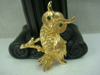 Vintage Monet Gold Tone Green Eyed Owl Pin Brooch